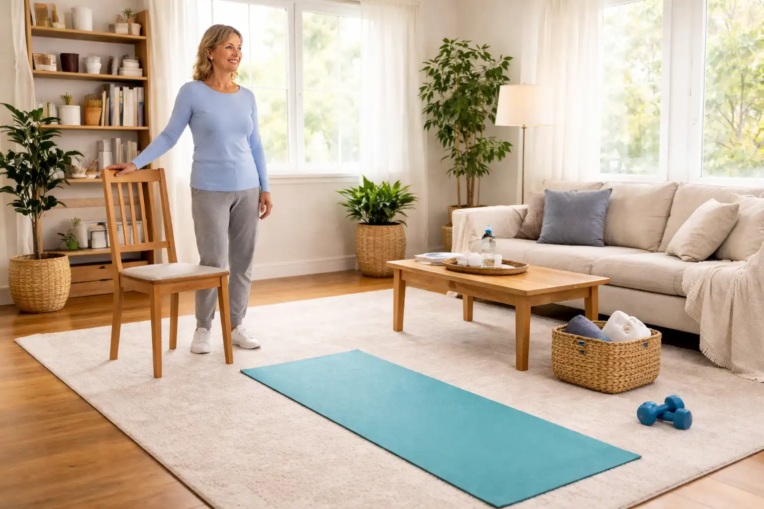 Patient preparing for a virtual care physical therapy session at home